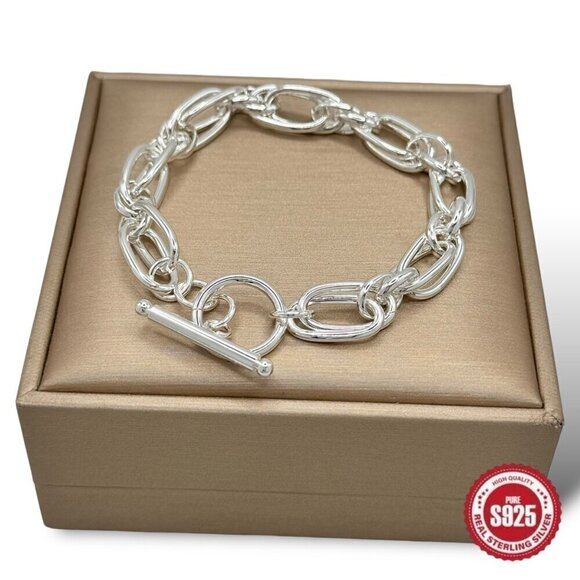 NWT Chunky Link Bracelet S925 Sterling Silver With Toggle Clasp 7.25" - Picture 2 of 11